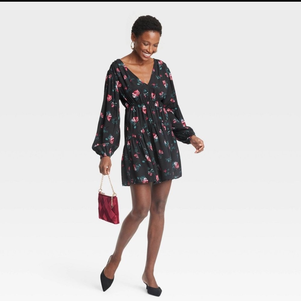 a new day Women's Balloon Long Sleeve Dropped Waist Mini A-Line Dress - Picture 4 of 4